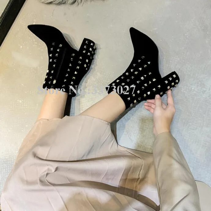 

New Winter Black Suede Chunky Heel Studded Ankle Boots Sexy Pointed Toe Gold Black Rivets Short Boots Lady Christmas Dress Shoes