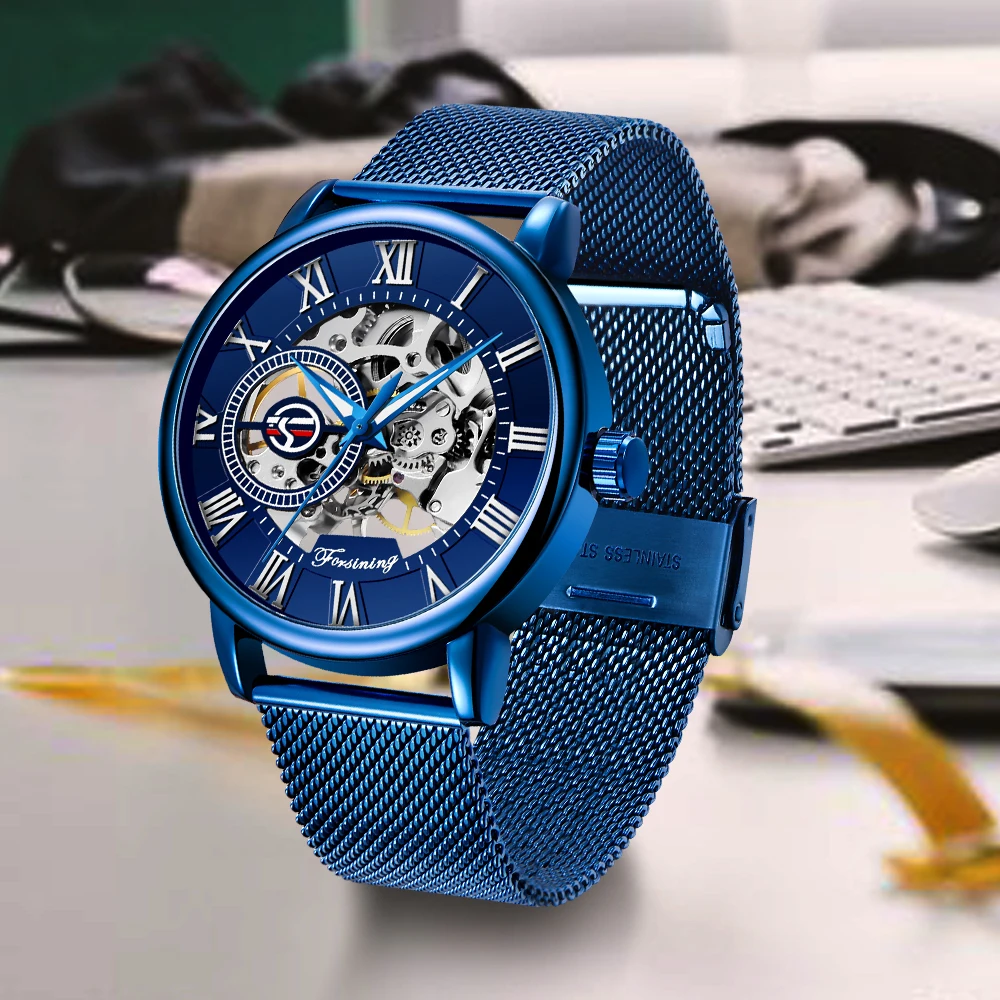 Forsining Logo Design Hollow Engraving All Blue Case Mesh Steel Skeleton Mechanical Watches Men Luxury Brand Heren Horloge