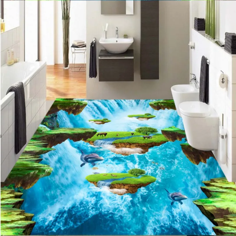 

Large Custom Flooring 3D Murals Lawn Waterfall Ocean Island Horizontal Walkway Living room 3D Flooring papel de parede infantil