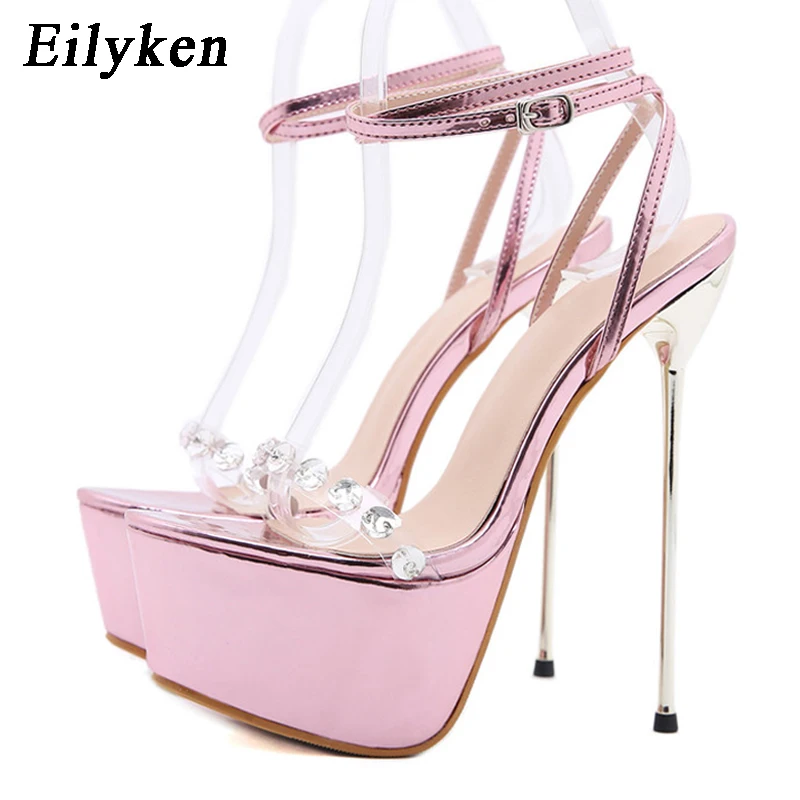 Eilyken Pink Sweet Ankle Buckle Strap Women\'s Sandals PVC Transparent Crystal Platform Summer Fashion High Heels Wedding Shoes