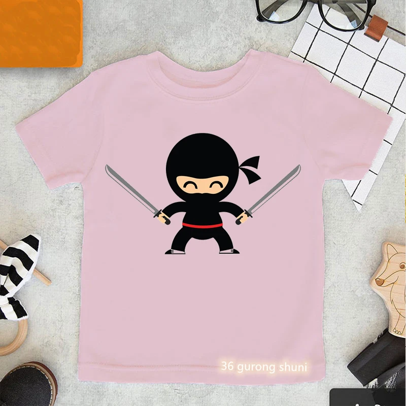 

Ninja Girl Cartoon Print Pink T-Shirt Girls/Boys Kids Clothes Harajuku Kawaii Children'S Clothing Summer Tops Tee