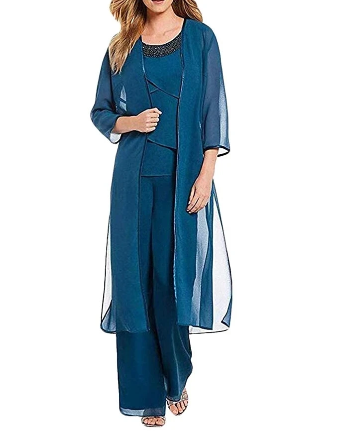 

Blue Mother Of The Bride Dresses Sheath Chiffon Beaded With Jacket Pants Suit Long Groom Mother Dresses For Weddings