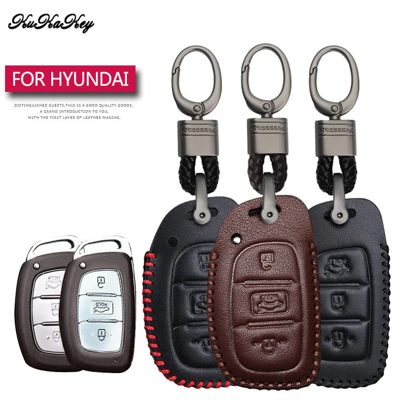 Leather Car Key Case Cover Protection Shell Skin For Hyundai iX20 I30 IX35 I40 Ix25 Tucson Verna Sonata Car Keyring Keychain