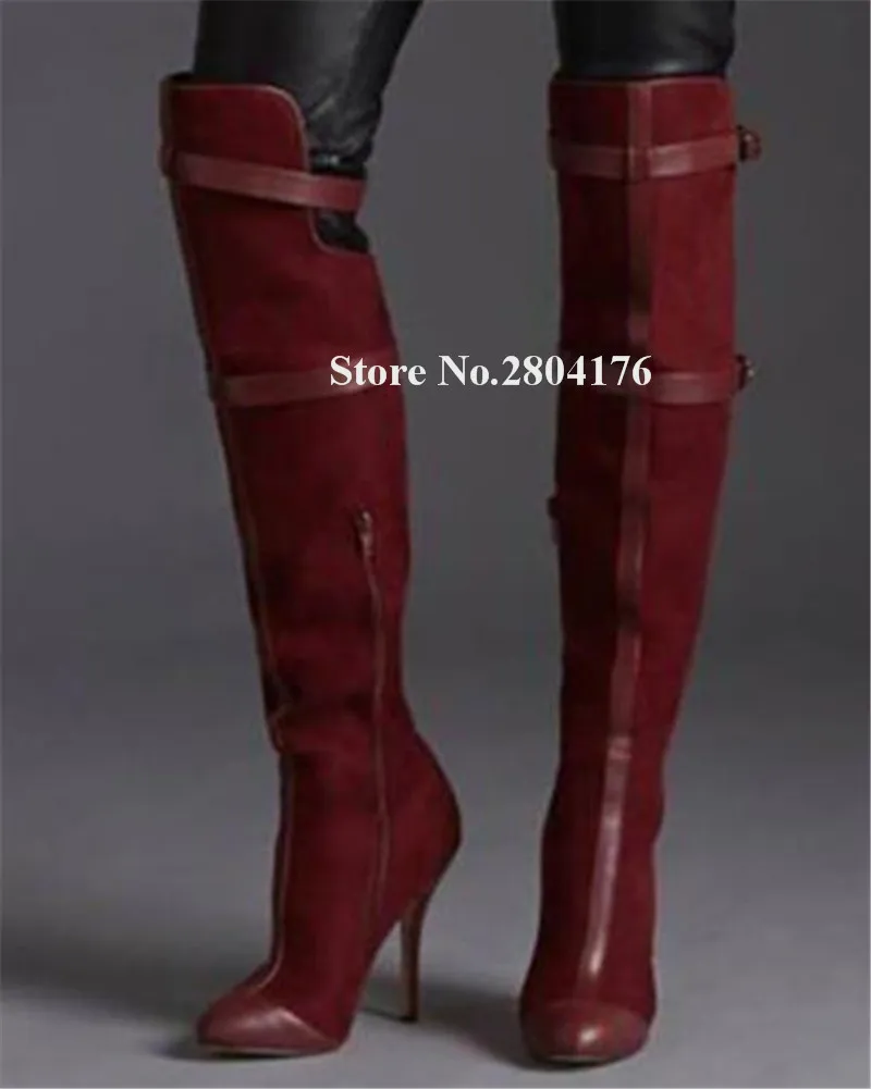 

Women Elegant Suede Leather Patchwork Stiletto Heel Knee High Gladiator Boots Wine Red Straps Buckle Cut-out Long High Heel Boot