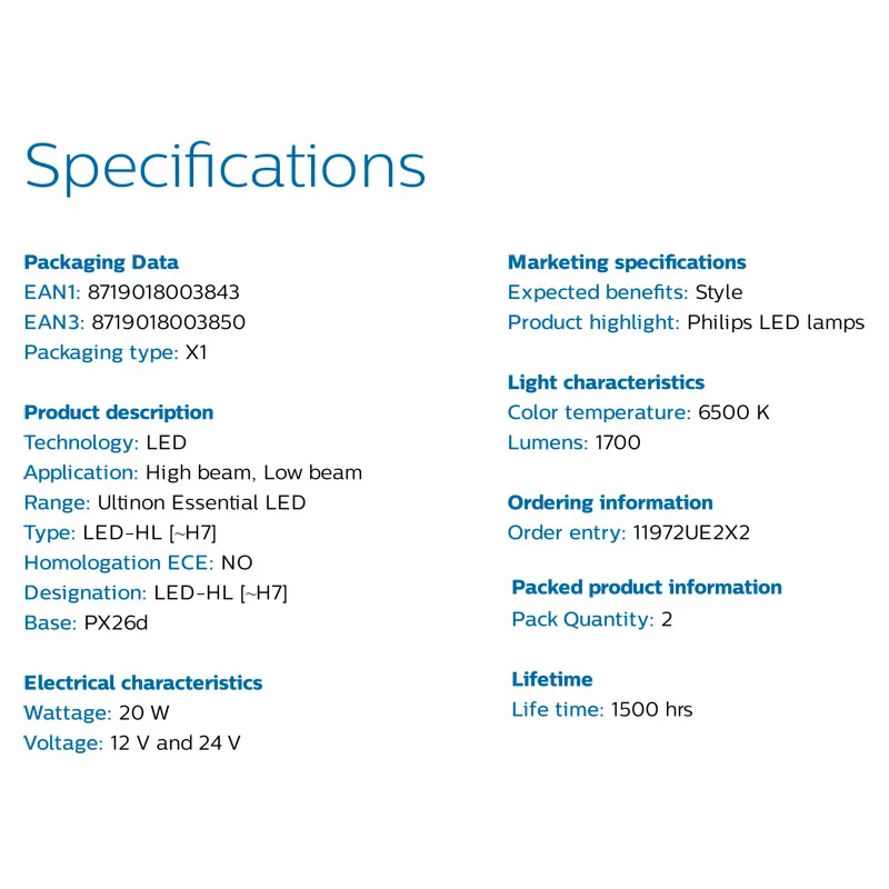 Philips New Ultinon Essential Gen2 LED H7 12/24V 20W 6500K Super White Light Car Headlight LED Auto Lamps 11972UE2X2 (Pack of 2)
