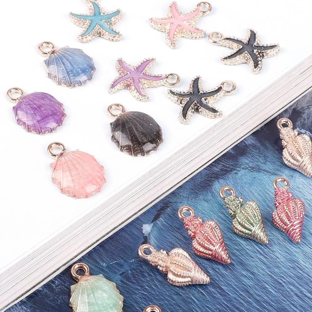 Lovely 9-12pcs Multi-Styles Starfish Shell Conch Crown Enamel Charms Pendant For Jewelry Making DIY Bracelet Necklace DIY Craft