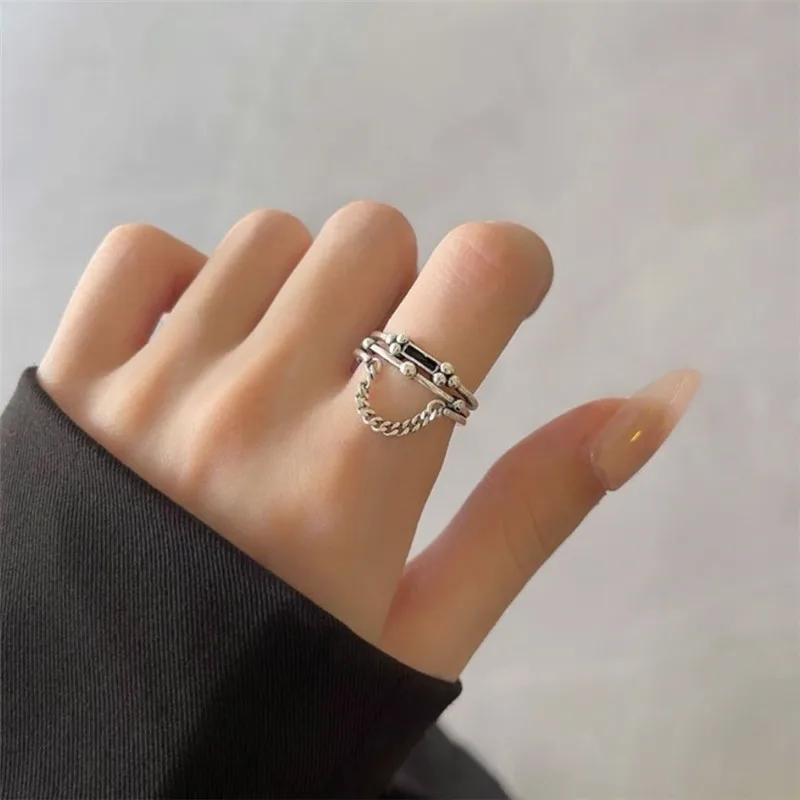 925 Stamp Silver Color Ring for Women Girl Gift Multilayer Retro Black Rectangular Chain Sterling Jewelry Dropshipping