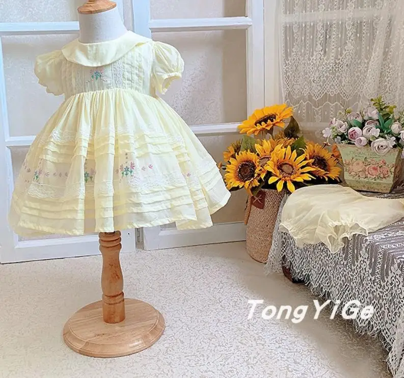 Baby girl summer vintage Spanish lolita princess dress kids peter pan collar cute puff sleeve ball gown dress