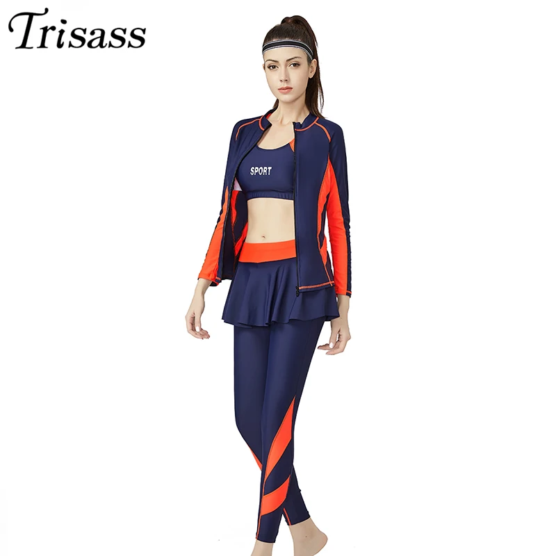 Trisass2020 New Women Three Piece Skirt Swimsuit L-6XL Sport Boxers One Piece Swimwear Long Sleeve Bodysuit Long Pants Surf Suit