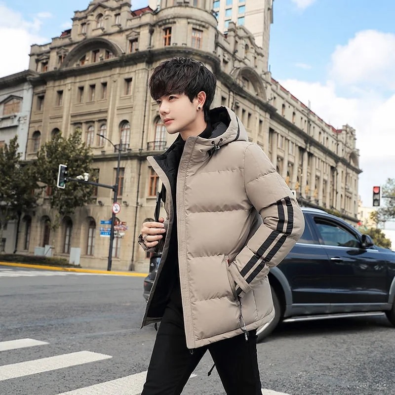 Men Winter Casual Thick Warm Hoodie Parkas Side Striped Slim Fit Cargo Jacket Preppy Style Overcoat Korean Style Outwear Parkas