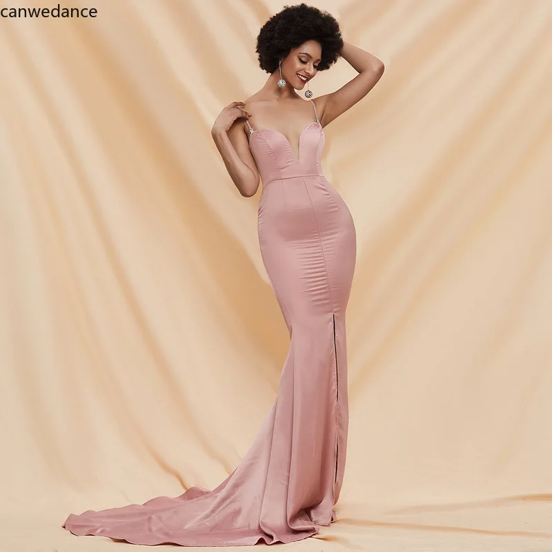 

2020 Mermaid Evening Dress Long Satin V-Neck Evening Party Dresses Prom Gown Sexy Backless Robe De Soiree Abendkleider