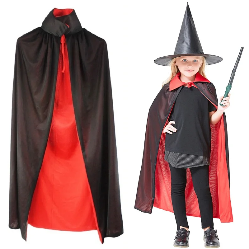 Kids Halloween Costume Wizard Girls Witch Black Cloak Red Vampire Cape Devil Poncho - Children's Party Clothes for Women And Men