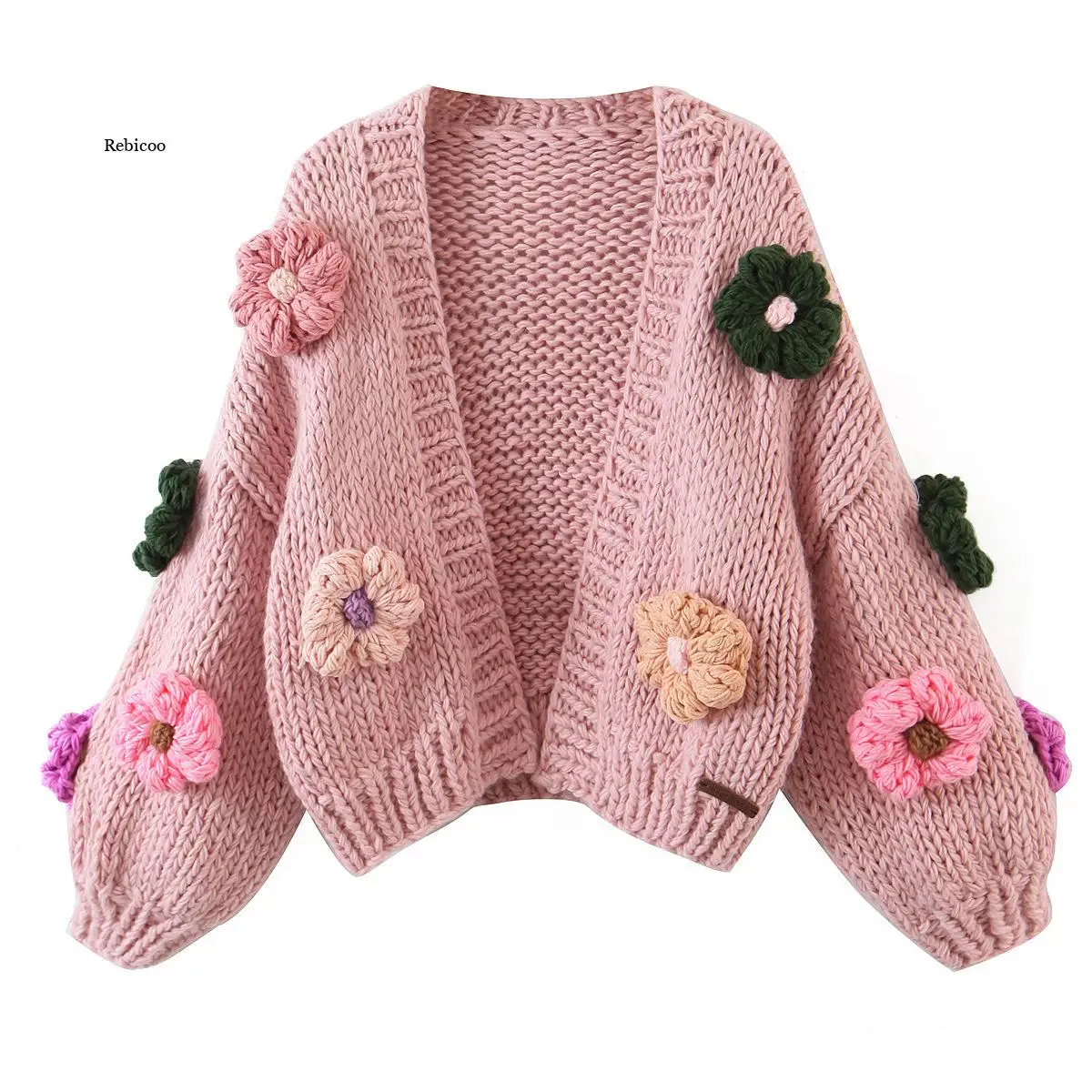 Winter Women\'s Cardigans Multicolor Floral Knitted Decoration Long Sleeve Loose Coats Warm Sweaters 3 Colors