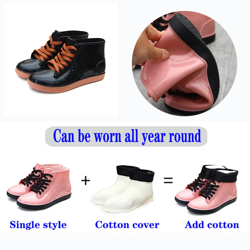 Women\'s Waterproof Rubber-Soled Rain Boots,Women\'s Detachable Hood Lace-Up Rain Boots Non-Slip Rain Boots Water Shoes