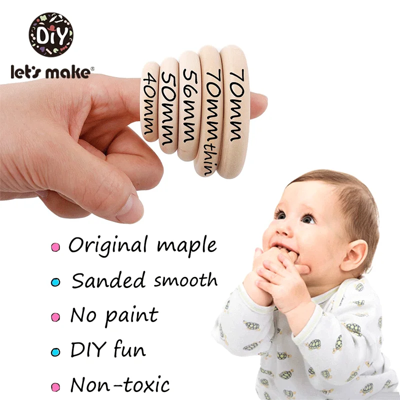 Let‘s Make 10pcs Maple Wood Ring 70/55/50/40mm Smooth Surface Natural Wooden Rodent Baby Teething Rings DIY Making Baby Bracelet