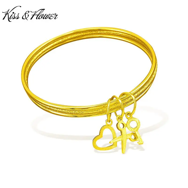 

KISS&FLOWER BR96 Fine Jewelry Wholesale Fashion Woman Girl Birthday Heart Key Wedding Gift Three Laps 24KT Gold Bracelet Bangle