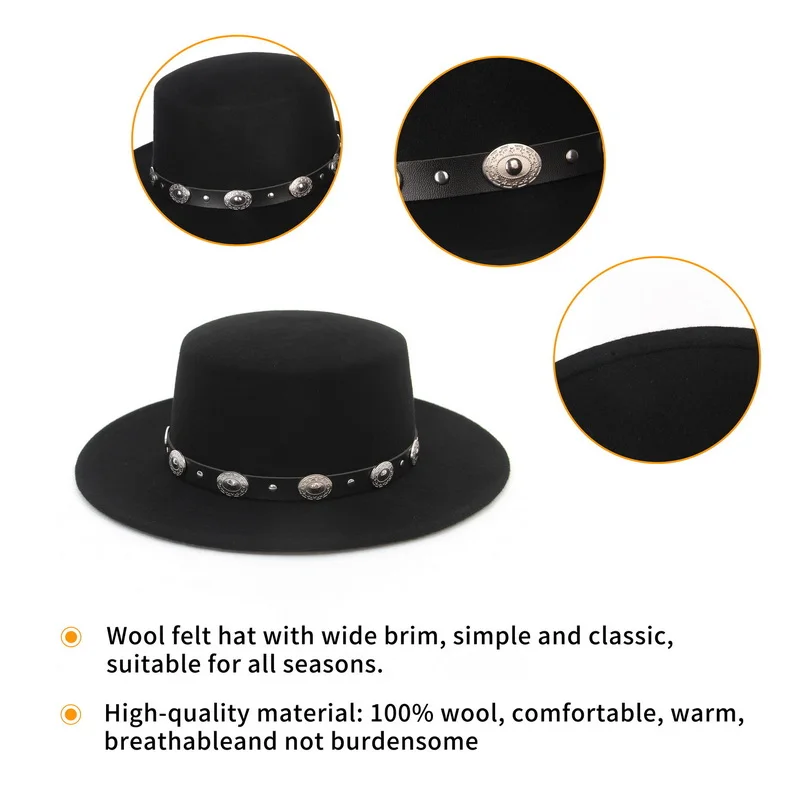 100% Wool Women Men Pork Pie Hat Dad Wool Flat Fedora Hat For Lady Gentleman Gambler Boater Cowboy Trilby Hat Hat Size 55-57CM