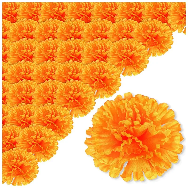 HOT-3.9Inch Marigold Flowers Artificial Day Of The Dead Flower 50Pcs Fake Marigold Flowers Head For Marigold Garland Making