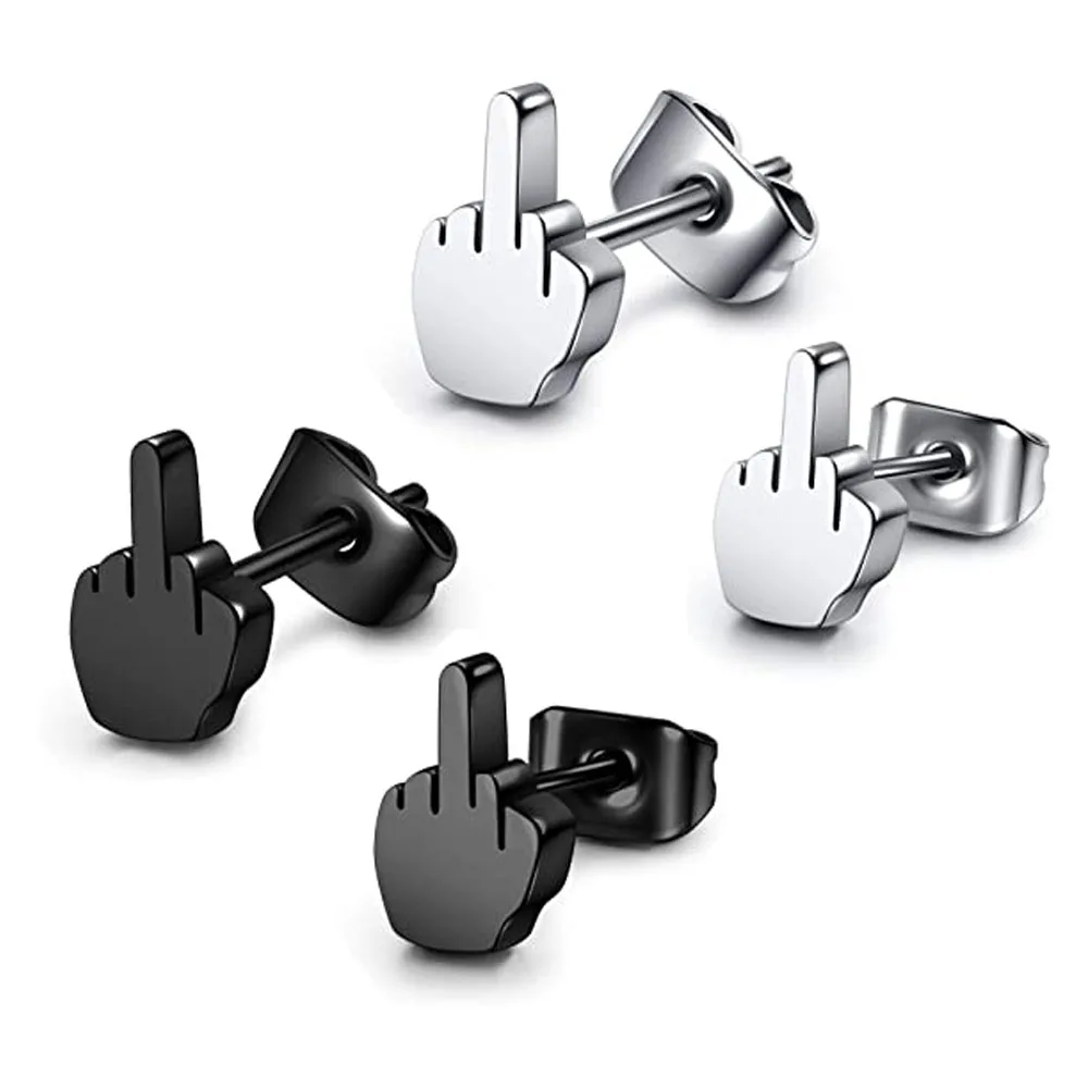 2Pcs Stainless Steel Black Middle Finger Up Women Men Ear Jewelry Studs Earring Punk Cool Gold Silver Plated