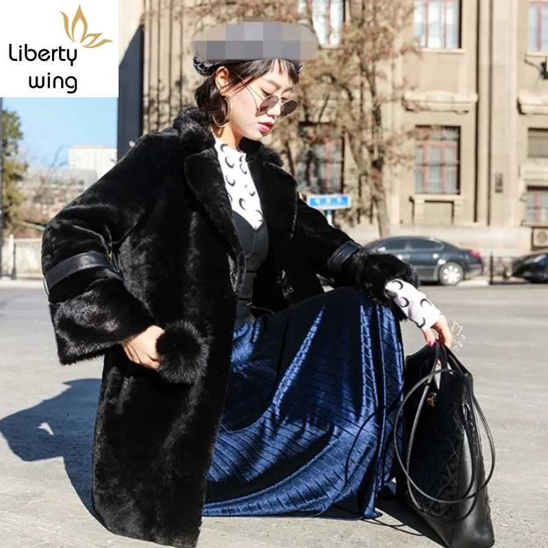 Luxury Mink Collar Overcoat Women Streetwear Winter Warm Elegant Coat Brand Loose Real Fur Wool Black Office Lady Outerwear