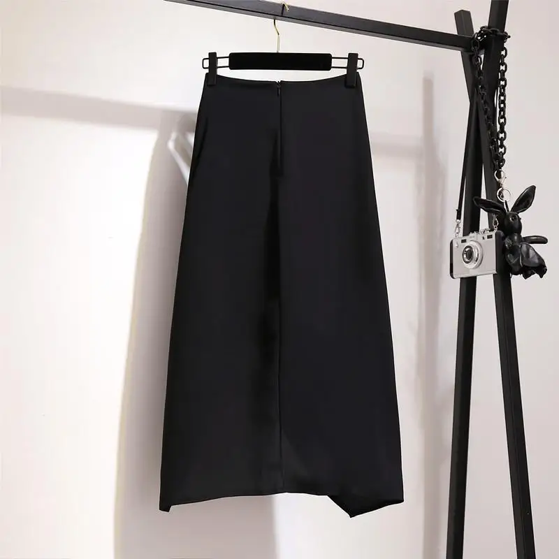 2024 Spring Summer New Elastic High Waist Slim Simple Black Casual Western Style Irregular Women A-line Long Skirt Free Shipping