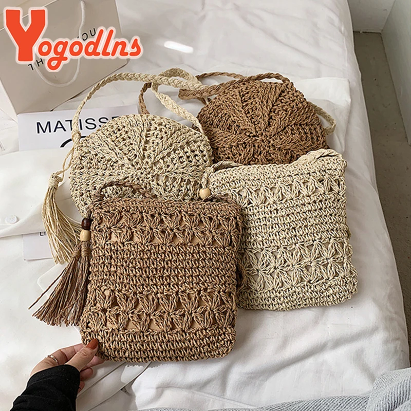 Yogodlns Bohemian Straw Bag Women Casual Travel Beach Bags Fashion Handmade Shoulder Bag Kintted Crossbody Bag Tassel Handbag