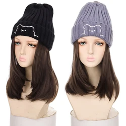 Czapka typu Beanie syntetyczne krótkie czapka z peruką do przedłużania włosów naturalne włosy kolor czarne brązowe peruki dla kobiet produkt wełniany MUMUPI