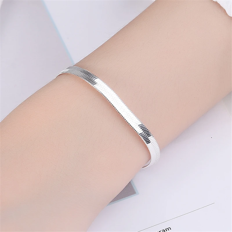 Silver 925 Charm Bracelets For Women 5mm Flat Snake Chain Bracelet & Bangle Wristband Pulseira Femme Fashion Jewelry Party Gifts