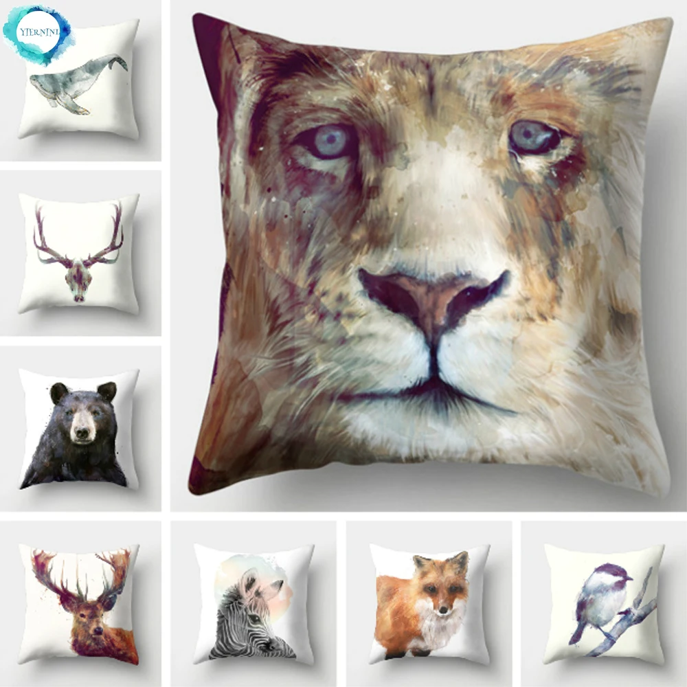 Animal Deer Bear Lion Owl Print Decorative Pillow Case Bedroom Sofa Couch Square Polyester Cushion Cover 45X45CM Fundas De Cojin