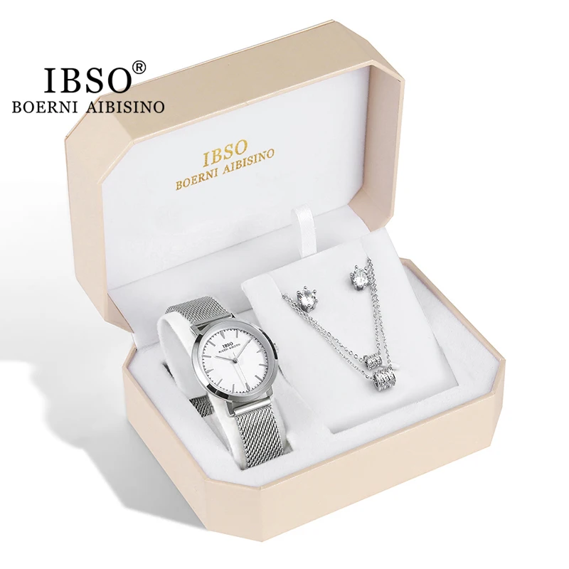 IBSO Octagonal Women Watch Set Gift Lucky Bead Necklace And Rings Luxury Birthday Gifts For Ladies Quartz Watch 3Bar Waterproof