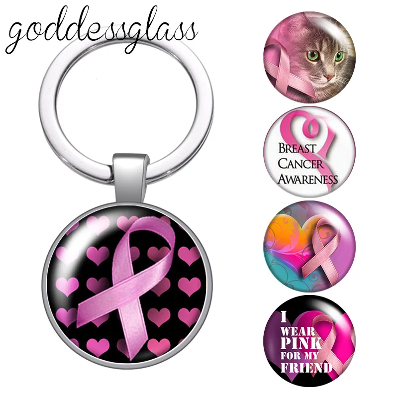 Beast cancer awareness Cure Pink ribbon Round glass cabochon keychain Bag Car key chain Ring Holder Charms keychains for gift