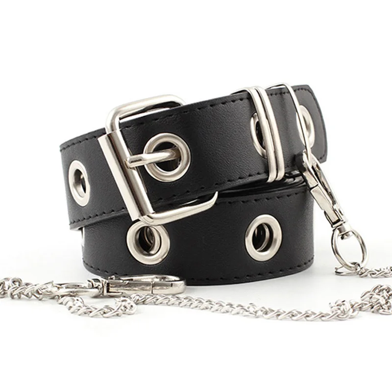 New PU Leather Waist Belt Punk Hip-hop Fashion Pin Buckle Black Adjustable Waistband With Chain For Ladies Girls Women Jeans Z15