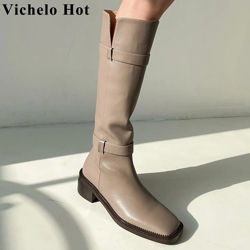 

Vichelo Hot grey stretch boots winter real cow leather square toe belt buckle thick med heels young lady thigh high boots l81