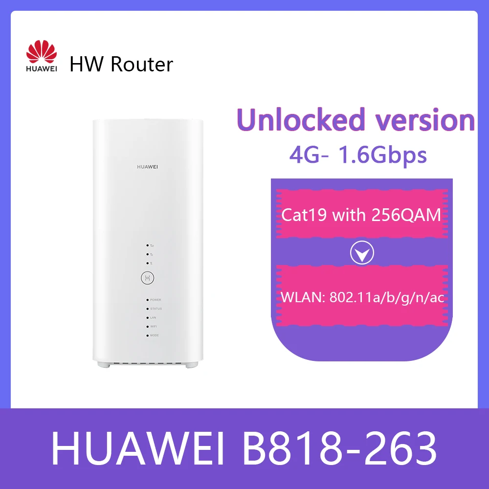 

Unlocked Huawei B818 B818-263 4G Router 3 Prime LTE CAT19 Router 4G B1/3/5/7/8/20/26/28/32/38/40/41/42/43 Wirless CPE Router