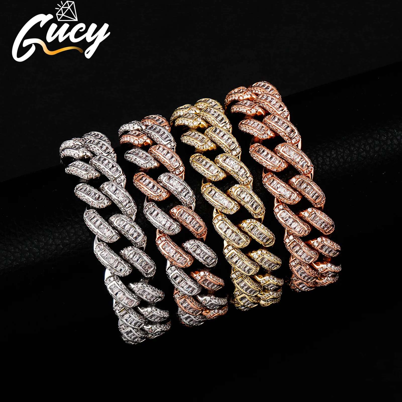 GUCY 16MM Baguette Zircon Necklace Men's Trendy Cool Hip Hop Link Gold Color Plated Copper Bling Rock Jewelry For Gift