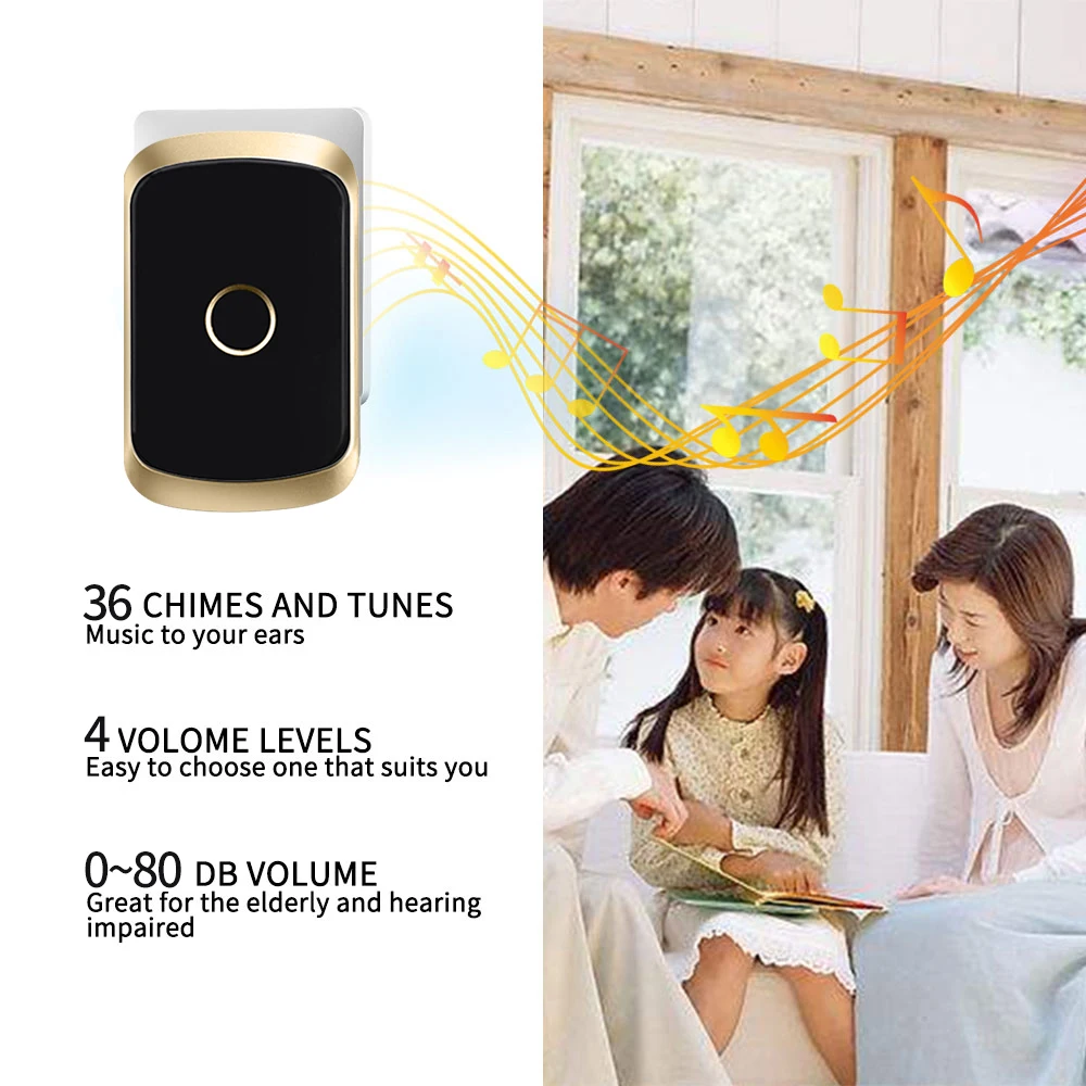 CACAZI Waterproof Wireless Doorbell Set for Smart Home Long Distance Outdoor 36 Songs LED Flashing Powered by US EU UK AU Plug