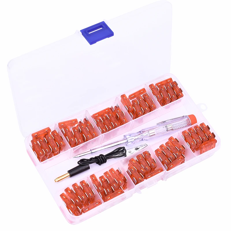 100pcs 10A Medium Automotive Truck Auto Car Blade Type Fuse Zinc Flakes Fuses Assortment Set with Box Clip and Test Pen