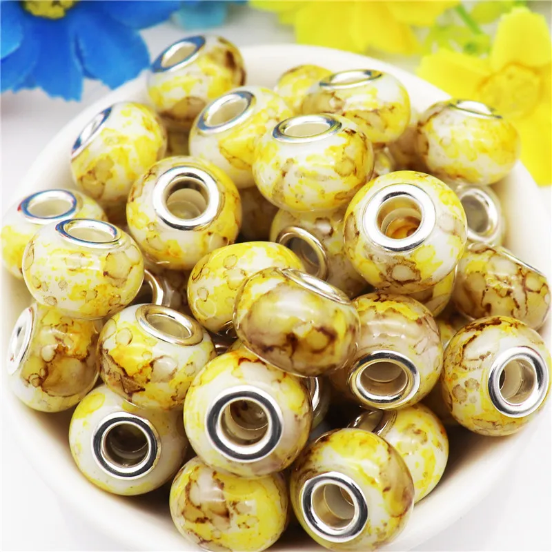 10Pcs Wholesale Nature Marble Stone Flower Large Hole Glass Beads Fit for Pandora Bracelet DIY Women Men Unique Jewelry Making