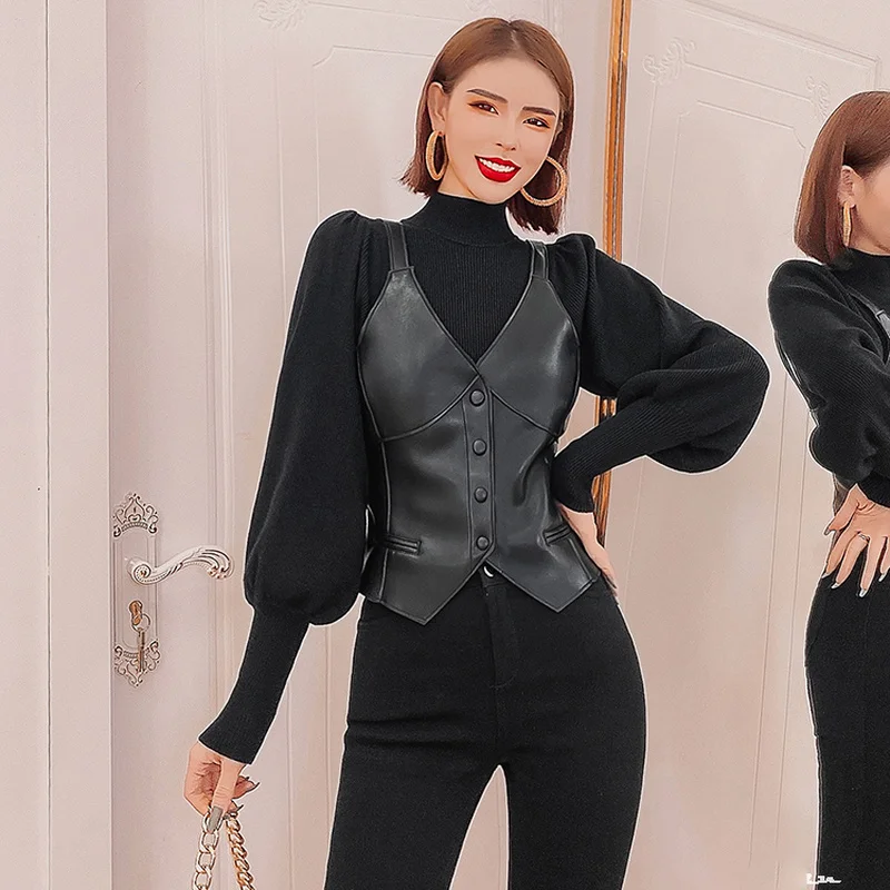 Vests Women Design PU Streetwear Slim V-neck Solid Black Korean Style All-match Sleeveless Button-up Waistcoats Lady Temperament