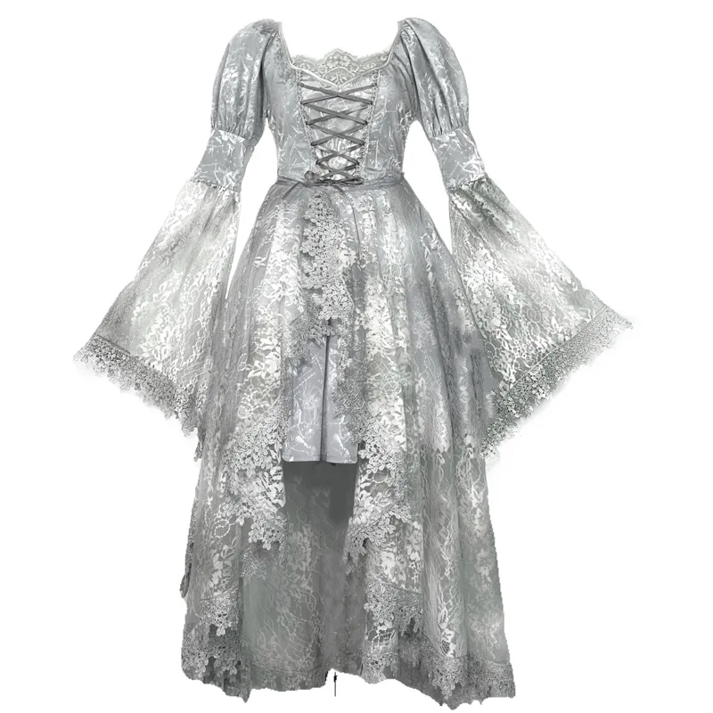 Original Design Rose Funeral Palace Flare Long Sleeve Asymmetric Long Dress White Gothic Dirty Dyeing Lace Court Classical Dress