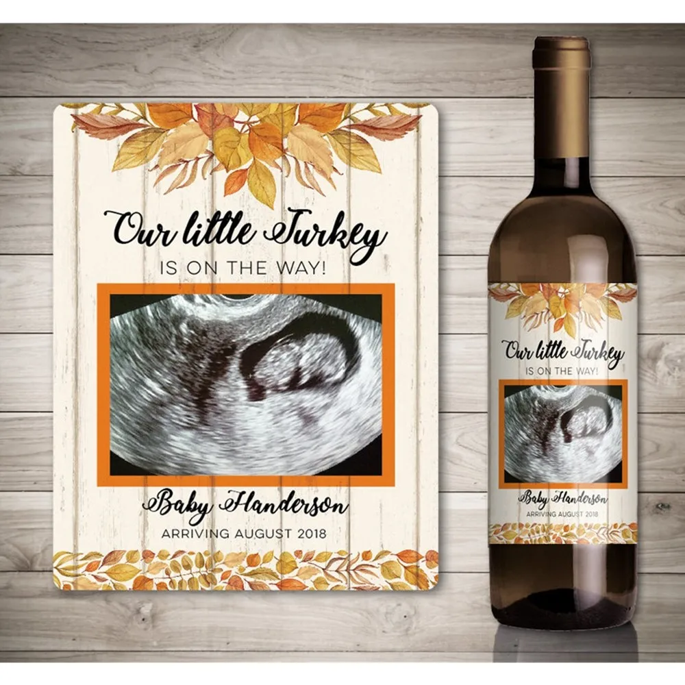 Customized Pregnancy Announcement Wine Bottle Label, Personalize Photo Thanksgiving Pregnancy Ultrasound Announcement Wine Label