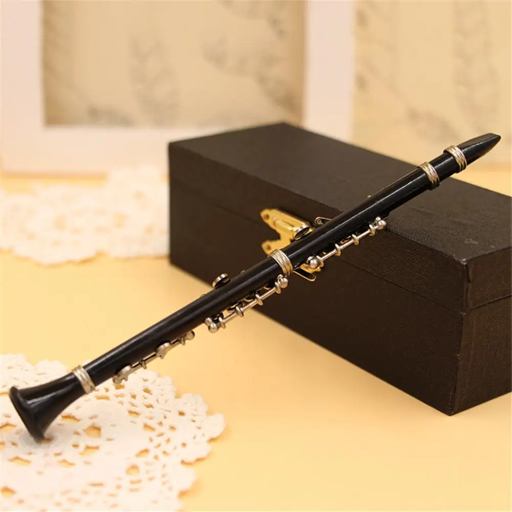 Clarinet Model Mini Clarinet Flute Display Model Ornament Musical Instrument Miniature Desk Decor with Black Leather Box Bracket