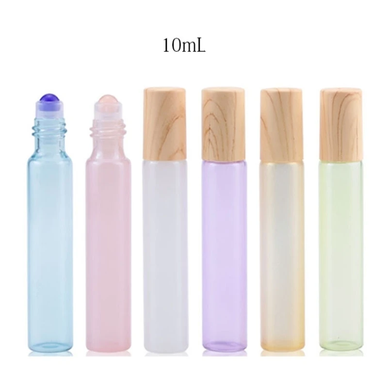 

300pcs 3ml 5ml Wood grain cap Gemstone roller Ball bottles 10ml Bright color Empty glass Essential Oil bottle