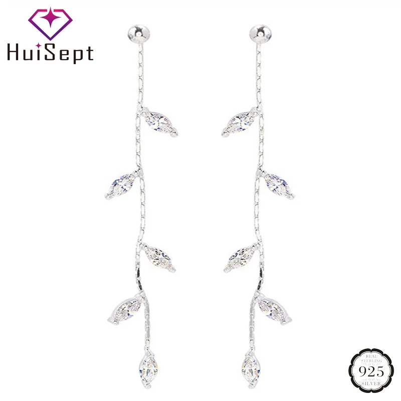 HuiSept Fashion 925 Silver Earrings with AAA Zircon Gemstone Leaf Shape Long Tassels Drop Earring for Women Wedding Gift Jewelry