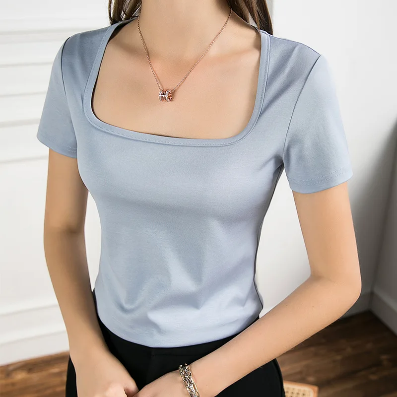 Women Soft Cotton T-shirt Square collar Solid color Lady Tees Short Sleeve Summer Women's clothings All match Female T-shirts