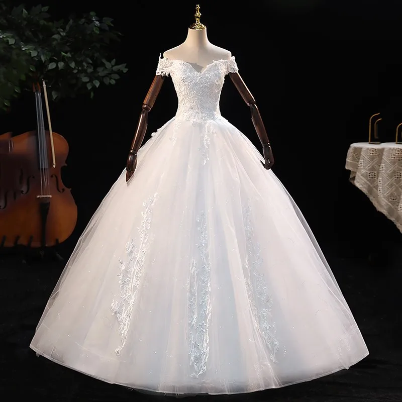 Off The Shoulder Wedding Dress 2021 Elegant Boat Neck Bridal Dress Lace Up Ball Gown Princess Luxury Vestido De Noiva Customize