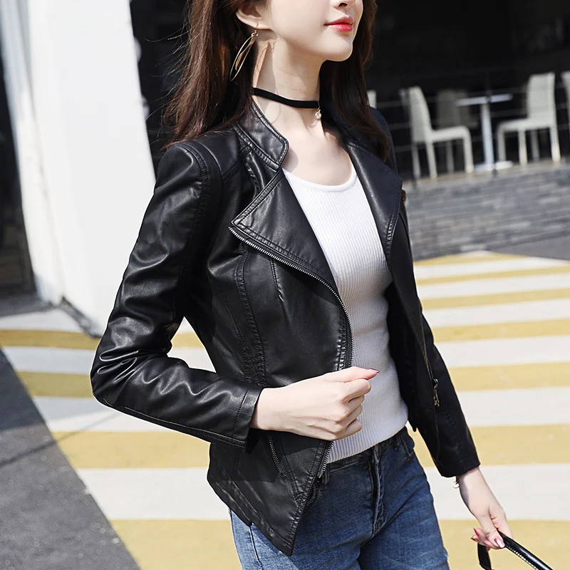 2024 New Women\'s Jacket Fashion Black Motorcycle Leather Jacket Women Zippers Basic Coat Biker Leather Coat 4XL C-2