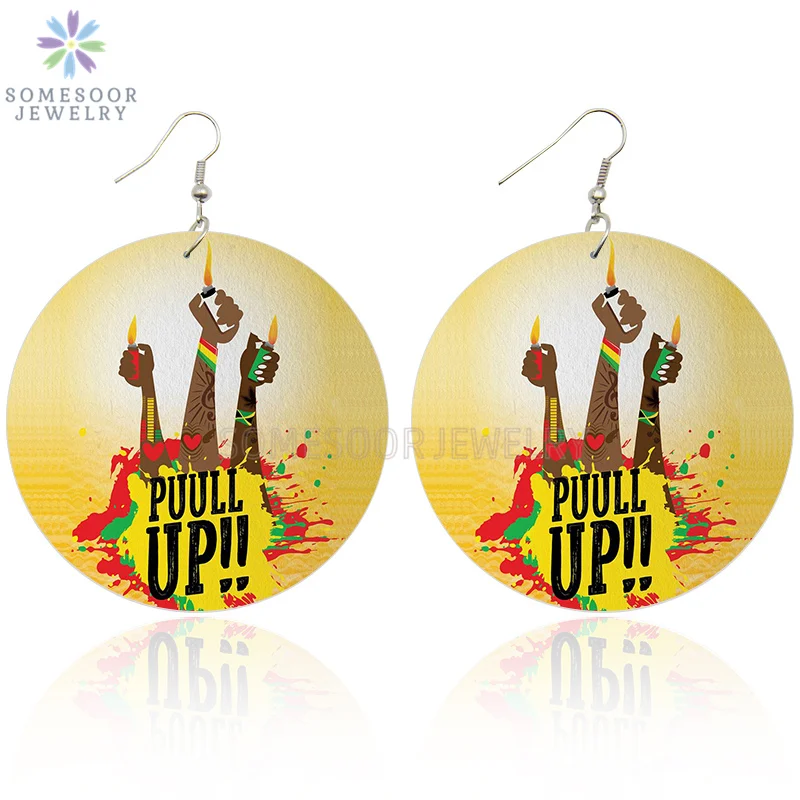 SOMESOOR Pull Up Your Fist Black Art Printing African Wooden Drop Earrings Afro Ethnic Power Deisgn For Women Christmas Gifts