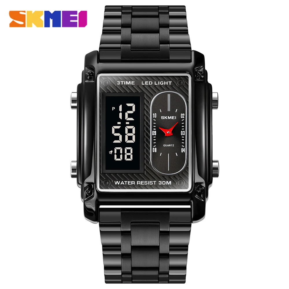 

SKMEI Luxury Brand Men's Quartz Watch Business Stainless Steel Dual Display Wrist Watches LED Digit Waterproof Clock Gift Male