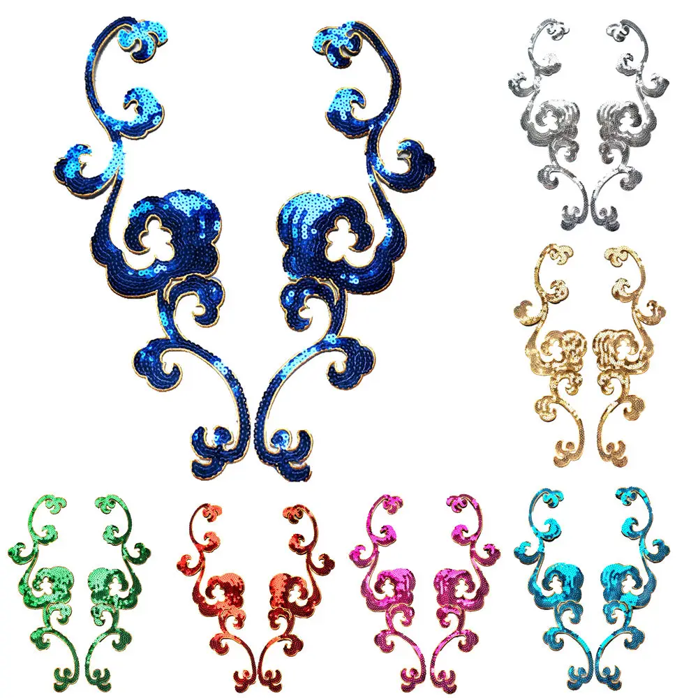 2PCS Gold Silver Sequin Flora Appliques Collar Patches Sew Iron On Badges For Dress DIY Wedding Decoration Craft Blue Red Pink